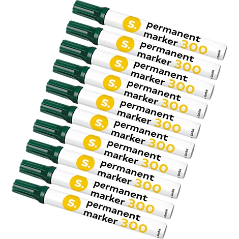 Several green permanent markers are lying diagonally. The pens read "permanent marker 300".