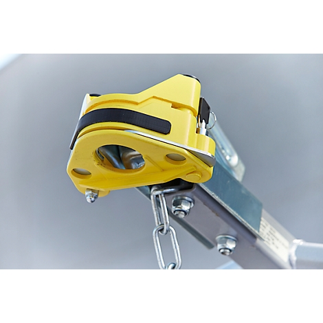 Yellow and black chain hanger. The chain is attached to the hook.