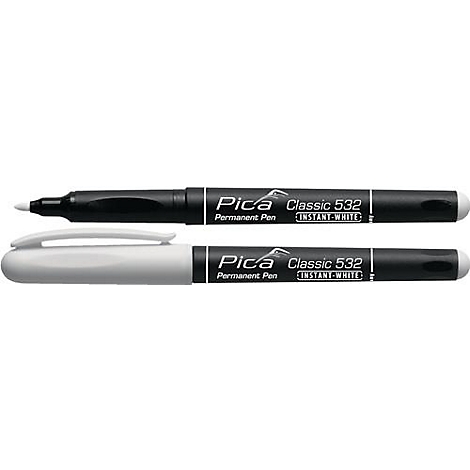 Zwei weiße und schwarze Permanentmarker, mit der Aufschrift Pica Classic 532 Instant White.