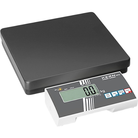 Digital scale with black surface, displaying 0.0 kg. 'KERN' text visible.