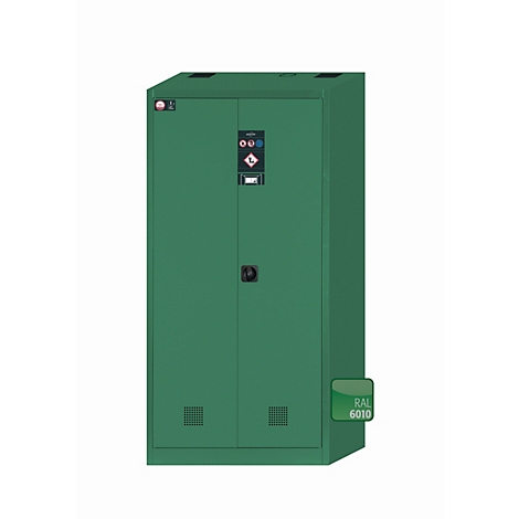 Green steel cabinet with double doors and warning symbols. A color field RAL 6010 is shown on the side.