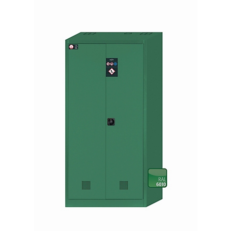 Green safety cabinet with doors, fittings, and ventilation slots. Color reference: RAL 6010.