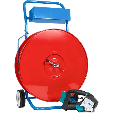 Red strap roller with blue frame and packaging machine. The device says BW-01.