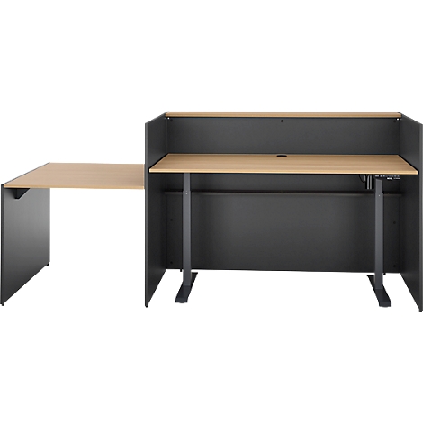 Un bureau gris avec un plateau réglable en hauteur et une extension.