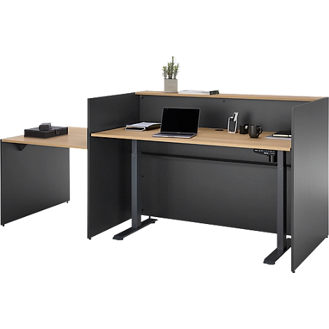 Un bureau gris avec une surface en bois et un ordinateur portable. Une extension à gauche, une cloison à droite. Plantes et accessoires en haut.