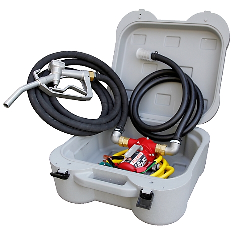 Grey box containing a diesel pump and a fueling hose. Two hose connections are located in the lid.