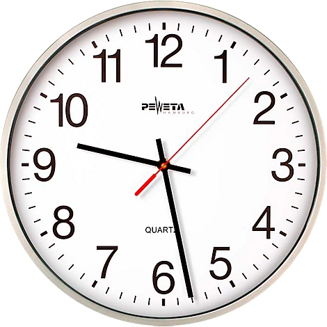 Horloge avec cadran blanc, police noire, cadre argenté. Aiguilles noires et rouges. L'horloge indique 9h31.