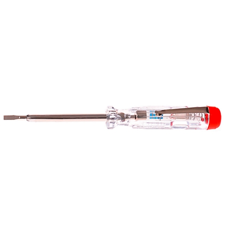 A screwdriver with a transparent handle, metallic tip, and red cap. The inside shows components.