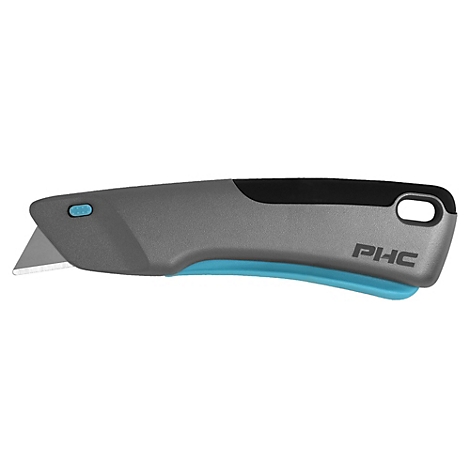 Cutter gris avec des touches de bleu et de noir. Lame visible, lettrage PHC.