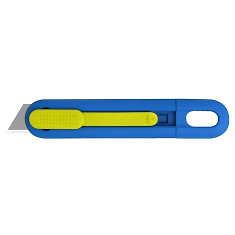 Blau-gelbes Cuttermesser mit grauer Klinge.