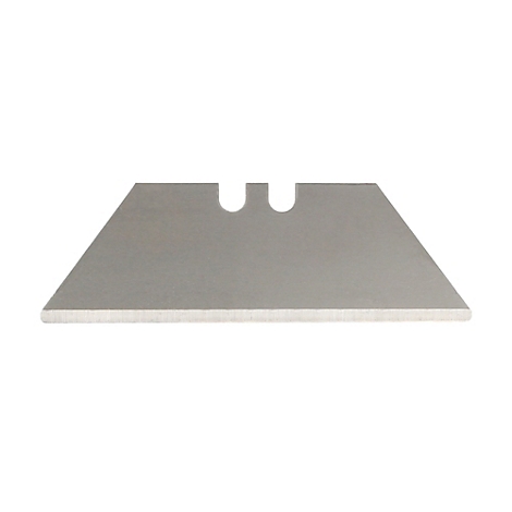 Eine einzelne Trapezklinge aus Metall, mit zwei Löchern am oberen Rand, die vor weißem Hintergrund isoliert ist.