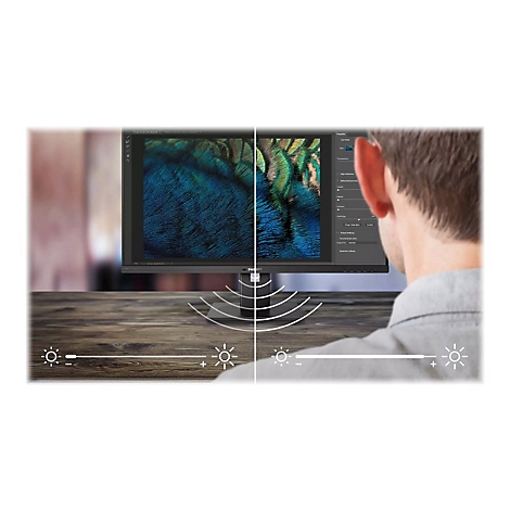 Ein Mann betrachtet einen Monitor, der das Bild in zwei HÃ¤lften teilt und die Helligkeit vergleicht.