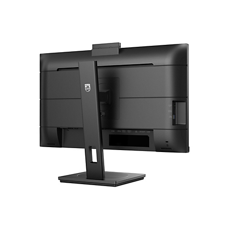 Rückansicht eines schwarzen Philips-Monitors. Der Monitor hat einen breiten Fuß, einen robusten Standfuß und eine integrierte Webcam. Unterhalb der Anschlüsse sind verschiedene Beschriftungen zu erkennen.