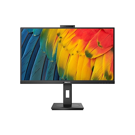 Schwarzer Philips Monitor mit farbenfrohem Display. Aufschrift: Philips. Ständer.