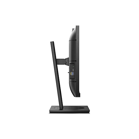 Seitenansicht eines schwarzen Monitors mit Standfuß. Auf der Seite Anschlüsse und Knöpfe. Der Bildschirm ist nach rechts gerichtet.
