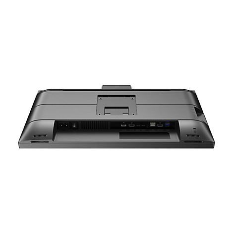 Rückseite eines schwarzen Monitors mit Anschlüssen für HDMI, DisplayPort und USB.