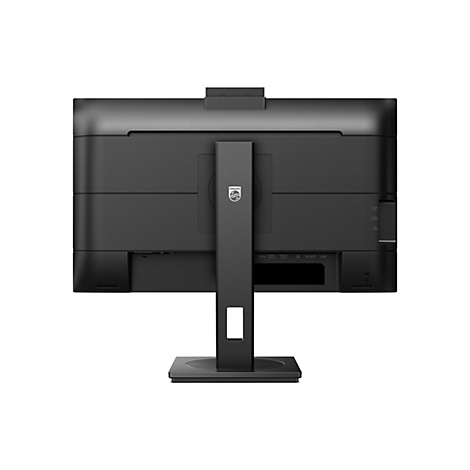 Rückseite eines schwarzen Philips-Monitors. Anschlüsse und Standfuß sind zu sehen.