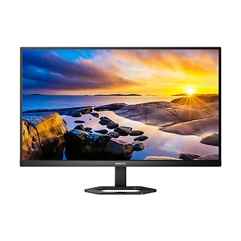 Ein Monitor mit einem schwarz glÃ¤nzenden Rahmen, der ein idyllisches Naturpanorama zeigt. Schwarzer StandfuÃŸ mit Markenlogo.