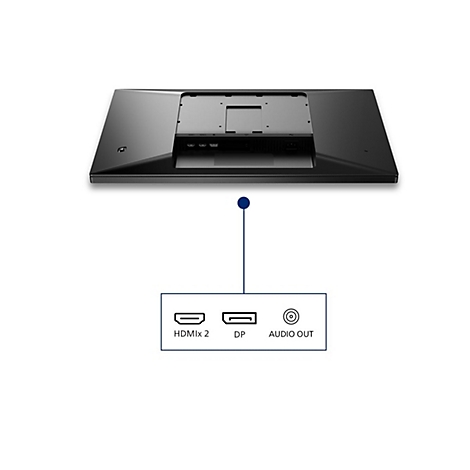 Rückseite eines schwarzen Monitors mit HDMI-, DP- und Audio-Anschlüssen.
