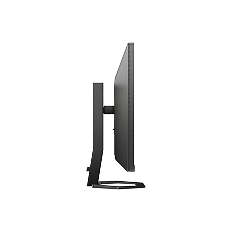 Seitenansicht eines schwarzen Monitors mit schlichtem Design auf weiÃŸem Hintergrund. Der Bildschirm steht auf einem StÃ¤nder.