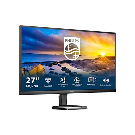 Ein schwarzer Philips Monitor mit einem 27 Zoll Bildschirm, Quad HD und eingebauten Lautsprechern, zeigt eine Landschaft mit Sonne.