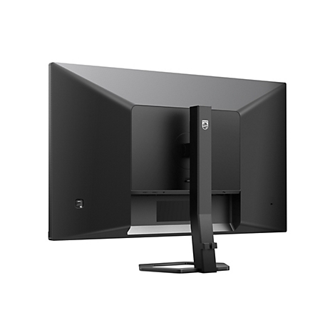 Schwarzer Monitor von hinten, Standfuß, HDMI-Anschlüsse, Philips-Logo.