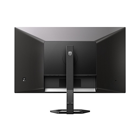 Die RÃ¼ckseite eines schwarzen Monitors. Der Monitor hat einen silberfarbenen StandfuÃŸ.