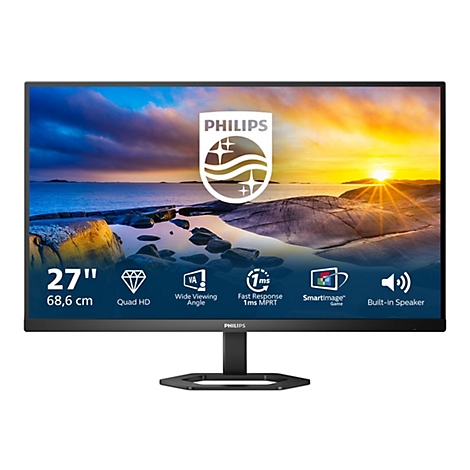 Ein schwarzer Philips-Monitor mit 27-Zoll-Diagonale. Auf dem Bildschirm eine Landschaftsdarstellung, darunter Logos und Texte.