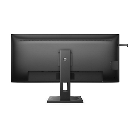 RÃ¼ckseite eines schwarzen Monitors mit Philips-Logo, Halterung, AnschlÃ¼ssen und Metallteil.