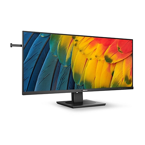 Ein schwarzer Monitor mit buntem Feder-Hintergrund. Er steht auf einem schwarzen StÃ¤nder. Auf dem Monitor steht der Name Philips.