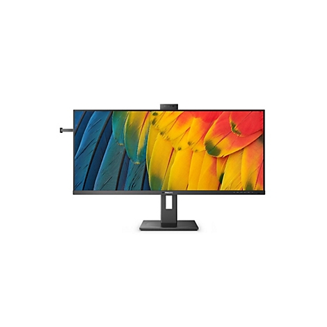 Ein schwarzer Philips Monitor auf weißem Hintergrund. Auf dem Bildschirm ein buntes Papageienfeder-Muster.