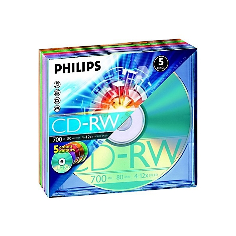 Verpackung mit 5 CD-RWs der Marke Philips. Aufschrift: CD-RW, 5 Farben, 700 MB/80 Min.