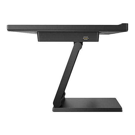 Support de tablette noir avec port USB. Le support se compose d'une base rectangulaire, d'une jambe de support inclinée et d'un support pour la tablette.