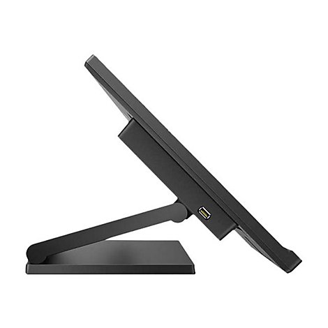 Vue latérale d'un moniteur noir sur un support. Visible : port USB.