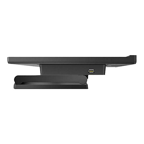Support de moniteur noir, représenté de côté. La base est indiquée, un port USB est visible.
