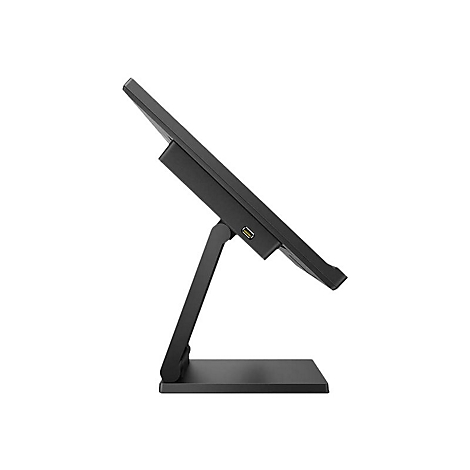 Écran noir, vu de côté, sur un support, légèrement incliné. Un port USB est visible à l'arrière de l'écran.