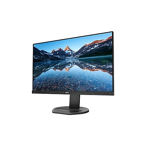 Ein schwarzer Monitor mit einem Bergpanorama als Bild. Die Marke Philips ist unten am Rahmen zu sehen.