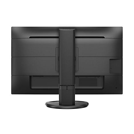 Schwarz Monitior RÃ¼ckseite. Der Monitor hat einen StandfuÃŸ und einen schwarzen StandfuÃŸ.