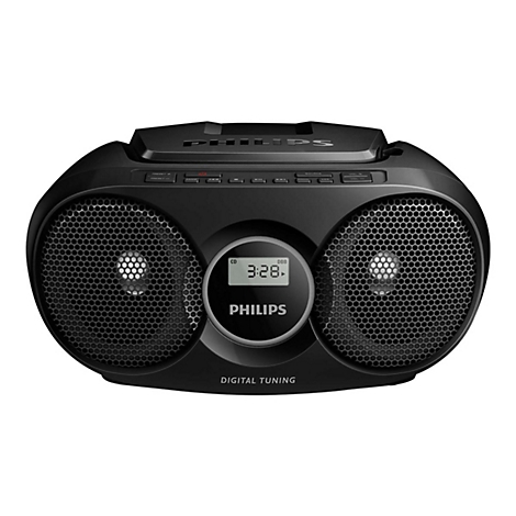 Schwarzes Philips-Radio mit zwei Lautsprechern und digitaler Anzeige. Aufschrift PHILIPS und DIGITAL TUNING.