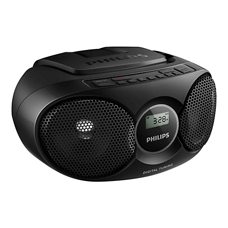 Schwarzes Philips-Boombox mit Lautsprechern, Display und Bedientasten. Das Display zeigt die Uhrzeit. Aufschrift Philips.