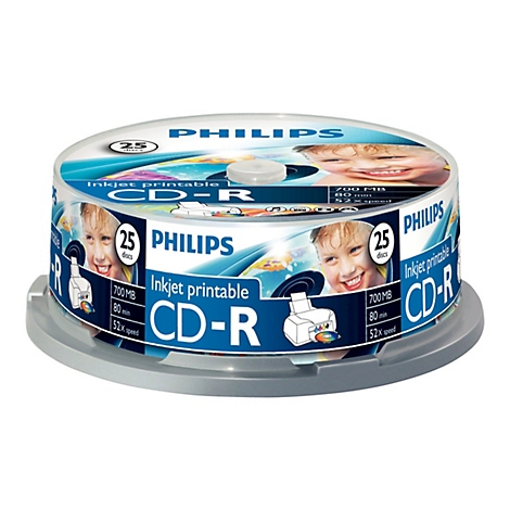 Eine Packung Philips CD-Rs, 25 Stück. Aufgedruckt: 'Inkjet printable CD-R', 700 MB, 80 min, 52X speed. Kind mit Wasser umgeben.