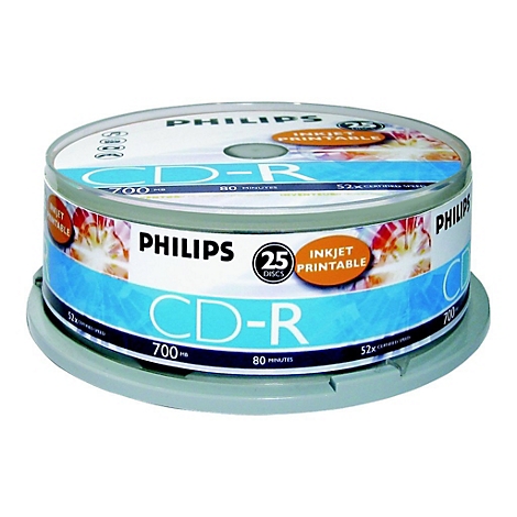 Eine Packung Philips CD-Rs. Aufschrift: CD-R, 700 MB, 80 Minuten. Inklusive 25 beschreibbare CDs.