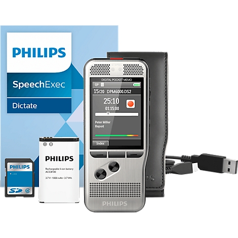 A silver dictaphone with screen and accessories such as battery, memory card, leather case and USB cable.