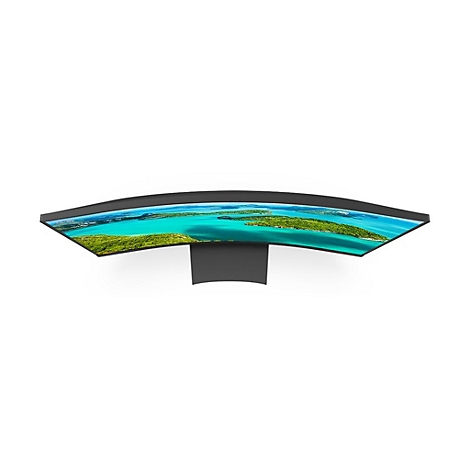 Draufsicht auf einen gekrÃ¼mmten Monitor mit Strandblick. Der Monitor ist schwarz und auf einem weiÃŸen Hintergrund platziert.