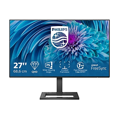Ein 27 Zoll Philips Monitor mit Blumen-Hintergrund. Angaben: QHD, IPS, 1ms Reaktionszeit, FreeSync. Das Philips Logo ist oben mittig zu sehen.