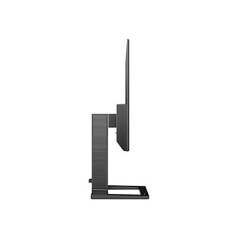 Seitenansicht eines schwarzen Monitors mit StandfuÃŸ, der auf einer weiÃŸen FlÃ¤che steht.