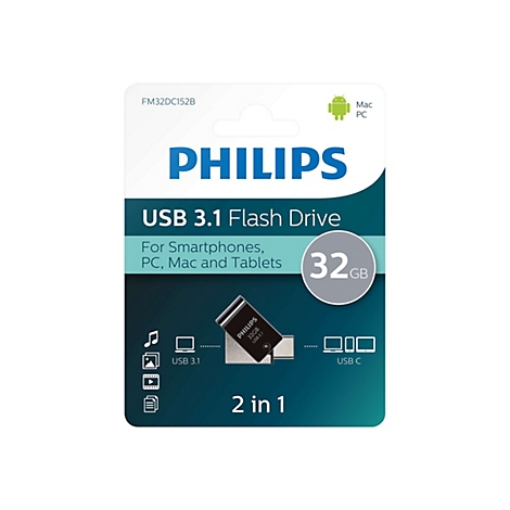 Philips USB 3.1 Flash Drive, 32 GB. Kompatibel mit Smartphones, PC, Mac und Tablets. Verpackung mit Produktbild.