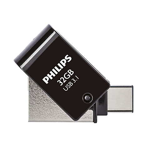 Schwarzer USB-Stick von Philips. Aufschrift: Philips, 32GB, USB 3.1. Silberner USB-C-Anschluss.