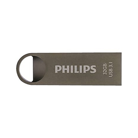 Grauer USB-Stick von Philips mit 32GB und USB 3.1, sowie einem Loch fÃ¼r einen SchlÃ¼sselring.