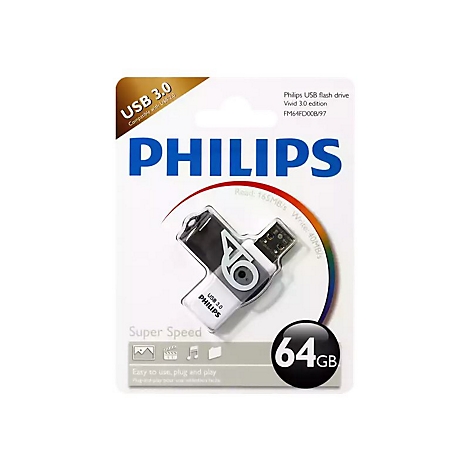 Eine Philips USB-Flash-Festplatte mit 64 GB. Sie befindet sich in einer Blisterverpackung. Auf der Verpackung ist der Markenname PHILIPS in Blau zu sehen.